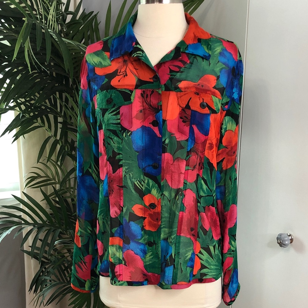 Chico's Bold Multicolor Silk Top in Green, Orange, Blue & Black